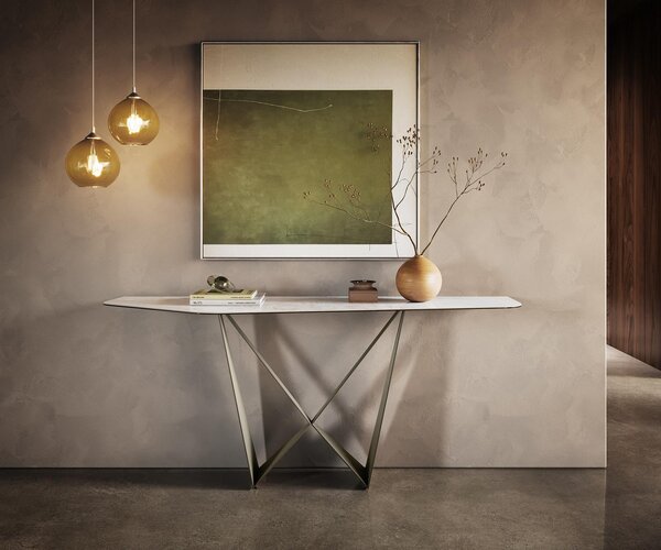 DELIFE Konzolový stolík Edge polygonálny 180×50 cm keramika onyx perla Spios kov titánová farba
