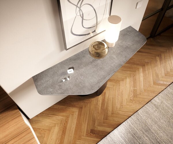 DELIFE Konzolový stolík Edge polygonálny 140×50 cm keramika betónová sivá Spios kov čierna