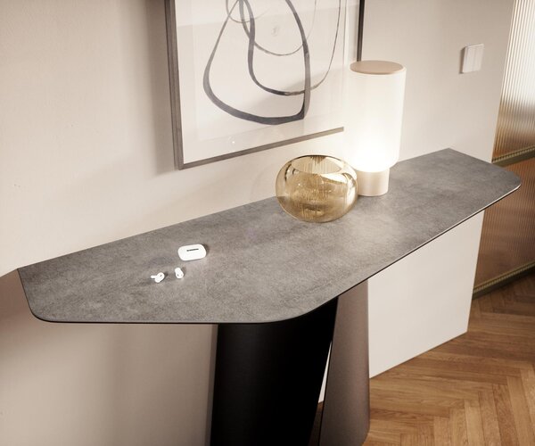 DELIFE Konzolový stolík Edge polygonálny 140×50 cm keramika betónová sivá Spios kov čierna