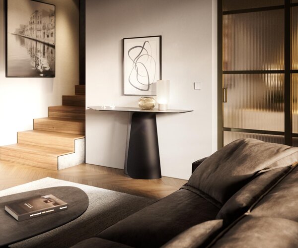 DELIFE Konzolový stolík Edge polygonálny 140×50 cm keramika betónová sivá Spios kov čierna