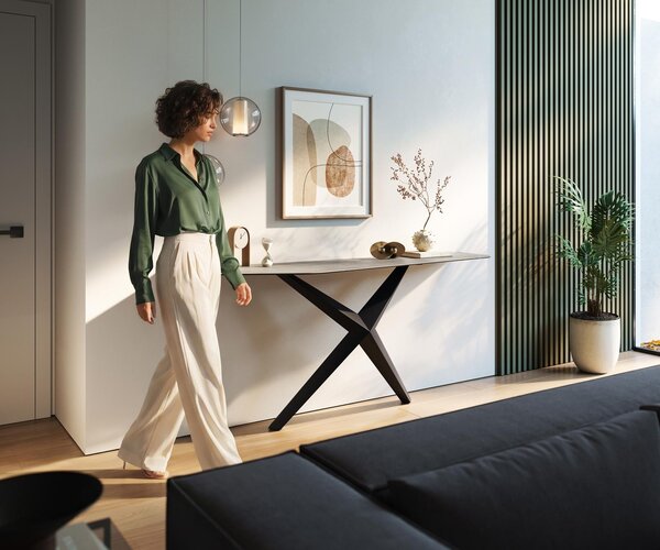 DELIFE Konzolový stolík Edge polygonálny 180×50 cm keramika betónová sivá Zentharo kov čierna
