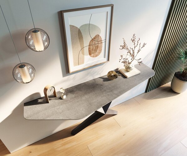 DELIFE Konzolový stolík Edge polygonálny 180×50 cm keramika betónová sivá Zentharo kov čierna