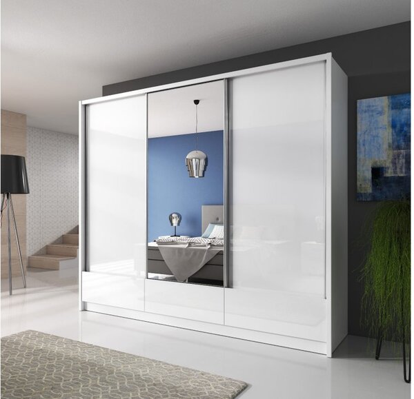 Šatníková trojdverová skriňa WALTON I so zrkadlom biela + biely lesk 250 cm