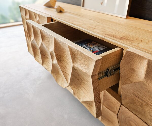 DELIFE TV stolík Solu 220 cm dub prírodný 2 dvierka 4 zásuvky závesný 3D čelo