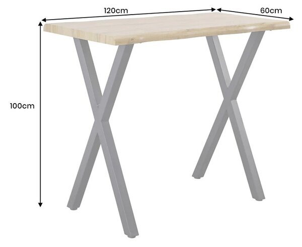 Industriálny obdĺžnikový barový stôl Wild s drevenou doskou v hnedej farbe s prekríženými kovovými čiernymi nožičkami 120 cm