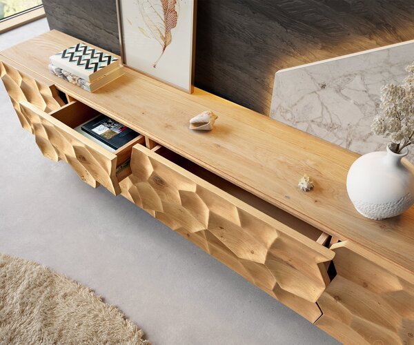 DELIFE TV stolík Solu 220 cm dub prírodný 2 dvierka 4 zásuvky závesný 3D čelo