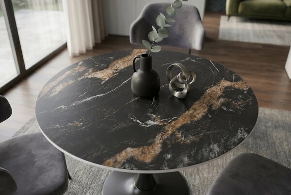 Dizajnový moderný okrúhly jedálenský stôl Ceramia v čiernej farbe s keramickou mramorovou doskou a kovovou nohou 80 cm