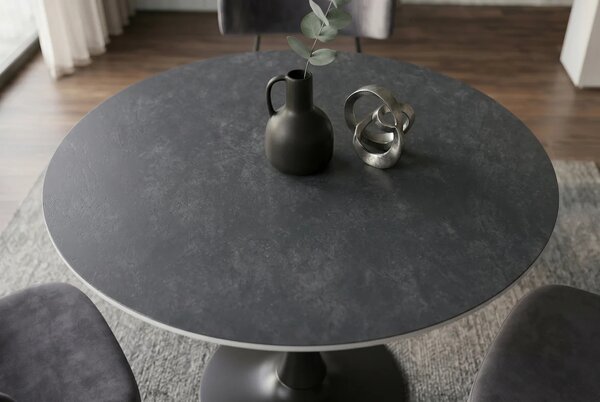 Industriálny čierny jedálenský stôl Ceramia Gris s okrúhlou keramickou doskou so sivým mramorovým dizajnom a kovovou nohou 80 cm