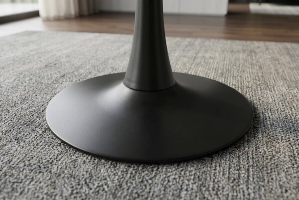 Industriálny čierny jedálenský stôl Ceramia Gris s okrúhlou keramickou doskou so sivým mramorovým dizajnom a kovovou nohou 80 cm