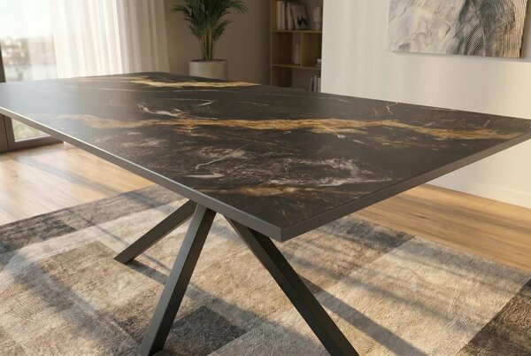 Dizajnový mramorový čierny jedálenský stôl Ceramia s obdĺžnikovou doskou s hnedou kresbou a prekríženými nohami 160 cm