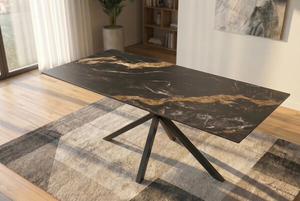 Dizajnový mramorový čierny jedálenský stôl Ceramia s obdĺžnikovou doskou s hnedou kresbou a prekríženými nohami 160 cm