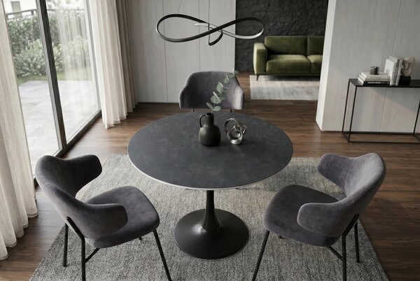 Industriálny čierny jedálenský stôl Ceramia Gris s okrúhlou keramickou doskou so sivým mramorovým dizajnom a kovovou nohou 80 cm