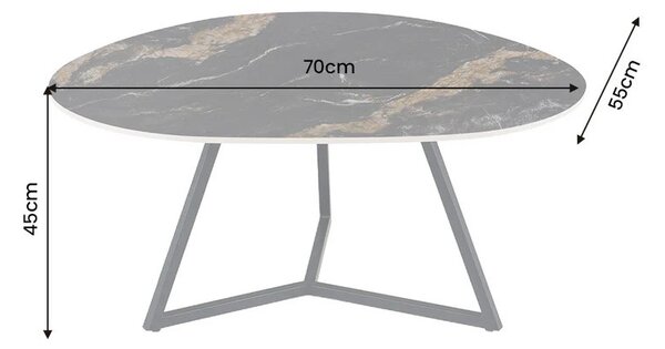 Dizajnový čierny príručný stolík Ceramia organického tvaru s keramickou doskou s hnedým mramorovaním a kovovými nohami 70 cm