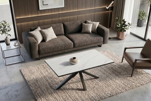 Moderný obdĺžnikový keramický konferenčný stolík Ceramia Blanca s dizajnom bieleho mramoru s prekríženými čiernymi nohami 100 cm