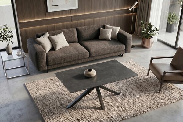 Industriálny obdĺžnikový konferenčný stolík Ceramia Gris s dizajnom čierneho mramoru s prekríženými kovovými nohami 100 cm