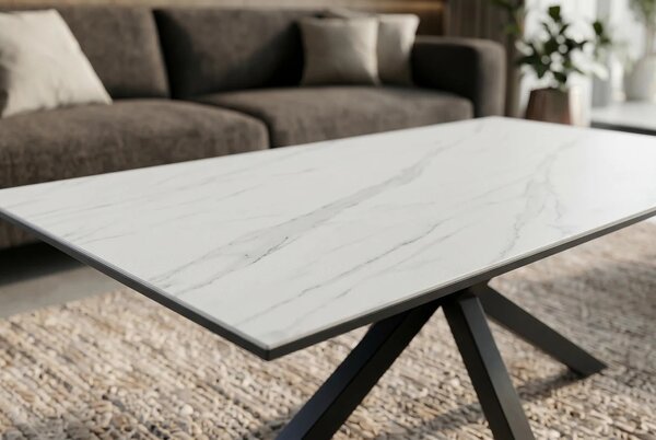 Moderný obdĺžnikový keramický konferenčný stolík Ceramia Blanca s dizajnom bieleho mramoru s prekríženými čiernymi nohami 100 cm