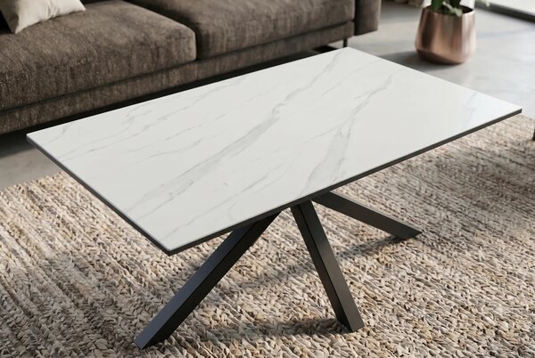 Moderný obdĺžnikový keramický konferenčný stolík Ceramia Blanca s dizajnom bieleho mramoru s prekríženými čiernymi nohami 100 cm