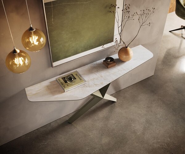 DELIFE Konzolový stolík Edge polygonálny 180×50 cm keramika onyx perla Zentharo kov titánová farba