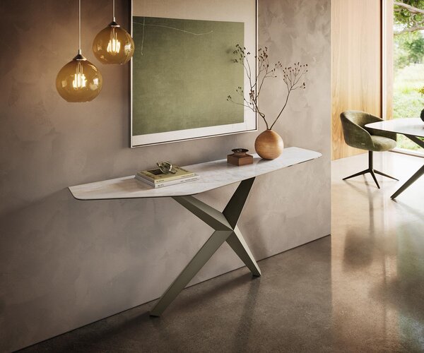 DELIFE Konzolový stolík Edge polygonálny 180×50 cm keramika onyx perla Zentharo kov titánová farba