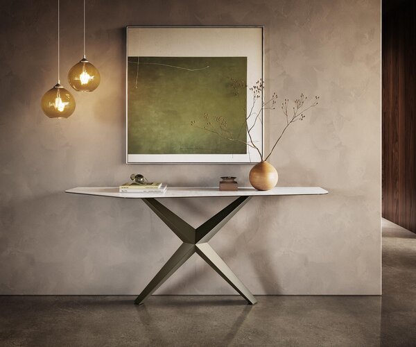 DELIFE Konzolový stolík Edge polygonálny 180×50 cm keramika onyx perla Zentharo kov titánová farba