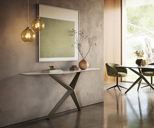DELIFE Konzolový stolík Edge polygonálny 180×50 cm keramika onyx perla Zentharo kov titánová farba