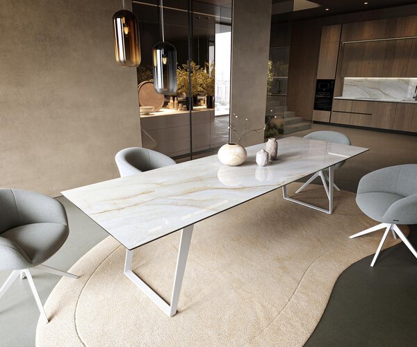 DELIFE Jedálenský stôl Edge 300×100 cm keramika onyx perla kov skosený biela