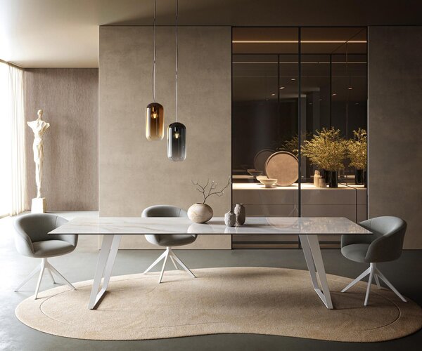 DELIFE Jedálenský stôl Edge 300×100 cm keramika onyx perla kov skosený biela