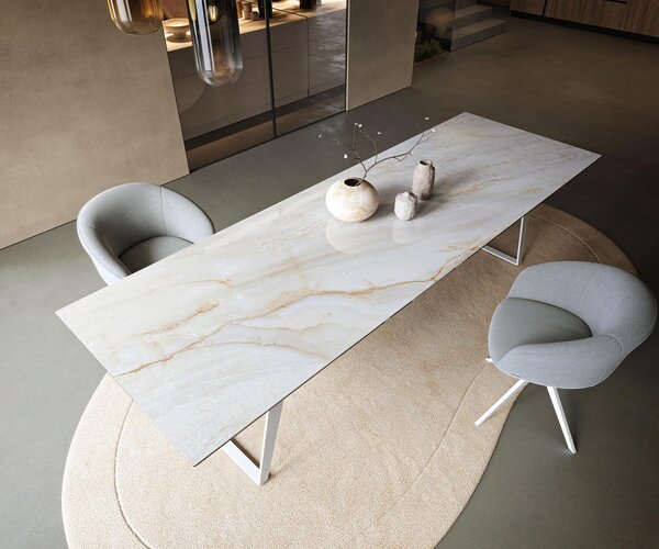 DELIFE Jedálenský stôl Edge 300×100 cm keramika onyx perla kov skosený biela