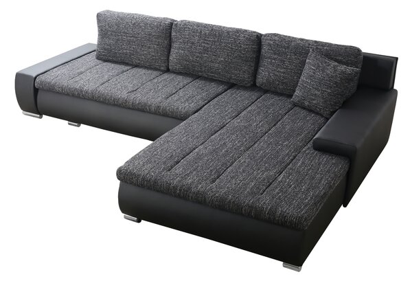 NEJBY Rozkladacia rohová sedačka do L SALAR s úložným priestorom, univerzálna, čierna látka prešitá bielou a sivou niťou/čierna ekokoža