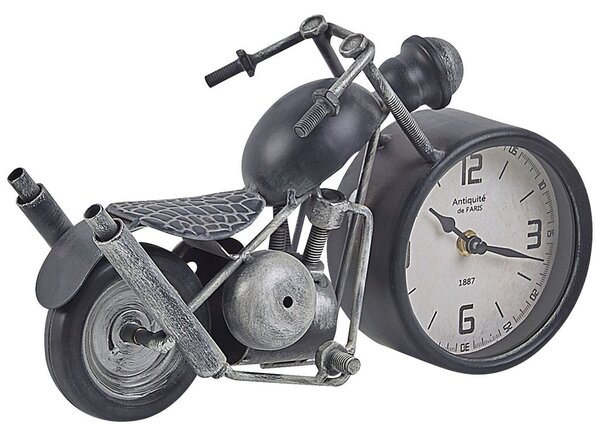 Stojace hodiny čierna biela strieborná železo sklo MDF tvar motorky dekoratívne hodiny na stôl moderný vintage štýl obývačka spálňa