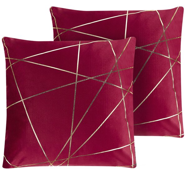 Sada 2 dekoratívnych vankúšov červená zlatá zamat 45 x 45 cm geometrický vzor štvorcový tvar snímateľné poťahy glamour štýl doplnky