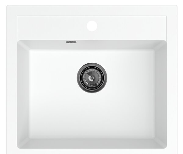 Sink Quality Ferrum, kuchynský granitový drez 565x510x205 mm + čierny sifón, biela, SKQ-FER.W.1K60.XB
