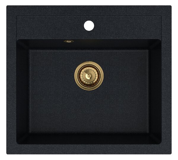 Sink Quality Ferrum, kuchynský granitový drez 565x510x205 mm + zlatý sifón, čierna škvrnitá-Brocade, SKQ-FER.B.1K60.XG
