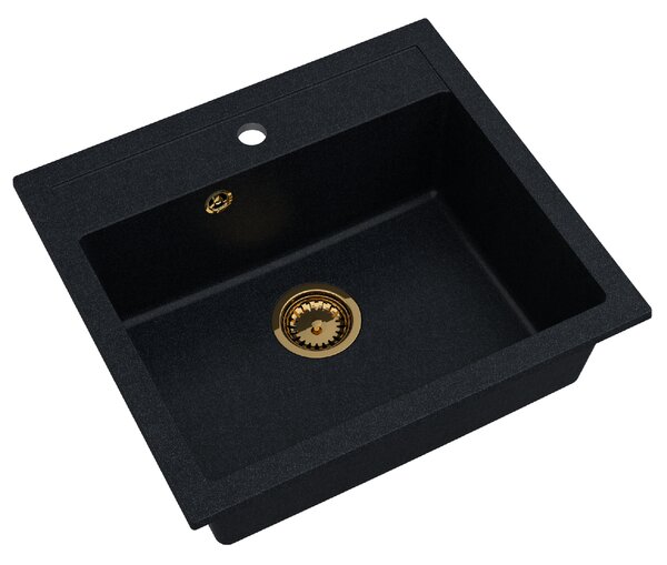 Sink Quality Ferrum, kuchynský granitový drez 565x510x205 mm + zlatý sifón, čierna škvrnitá-Brocade, SKQ-FER.B.1K60.XG