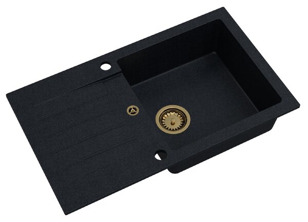 Sink Quality Natalie, kuchynský granitový drez 770x450x170 mm + zlatý sifón, čierna škvrnitá-BROCADE, SKQ-NAT.B.1KDO.XG