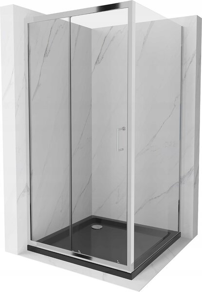Mexen Apia sprchovací kút s posuvnými dverami 90 (dvere) x 90 (stena) cm, 5mm číre sklo, chrómový profil + čierna sprchová vanička s chrómovým sifónom, 840-090-090-01-00-4070