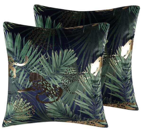 Sada 2 dekoratívnych vankúšov zelený zamat palmový list kvetovaný vzor ​​45 x 45 cm fóliová zvieracia potlač moderné retro dekorácie