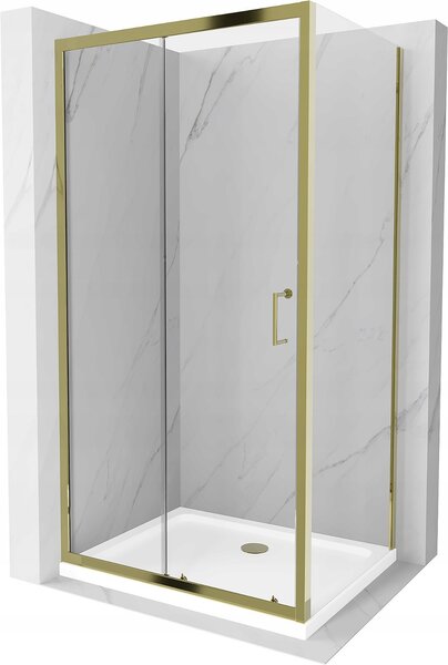 Mexen Apia sprchovací kút s posuvnými dverami 100 (dvere) x 80 (stena) cm, 5mm číre sklo, zlatý profil + biela sprchová vanička SLIM, 840-100-080-50-00-4010G