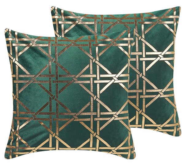 Sada 2 dekoratívnych vankúšov tmavozelená so zlatým geometrickým vzorom 45 x 45 cm fóliová potlač glamour doplnky