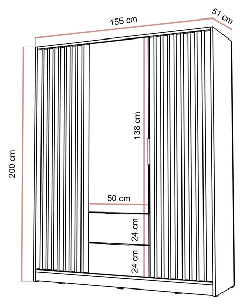 Šatníková trojdverová skriňa JONA s lamelami 155 cm, kašmír + čierna Druh: Bez zrkadla