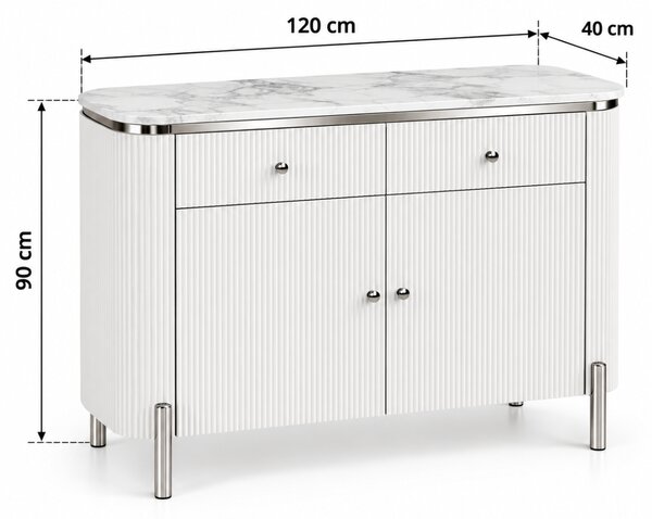 KOMODA GASTON II STRIEBORNÉ NOHY + BIELA + MRAMOR 120 cm