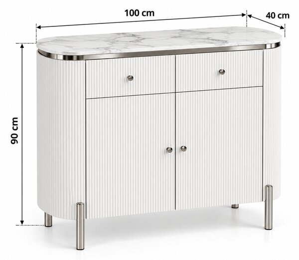 KOMODA GASTON II STRIEBORNÉ NOHY + BIELA + MRAMOR 100 cm