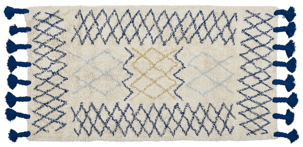 Koberec béžový a modrý bavlnený 80 x 150 cm geometrický vzor strapce ručne všívaný obývacia izba spálňa