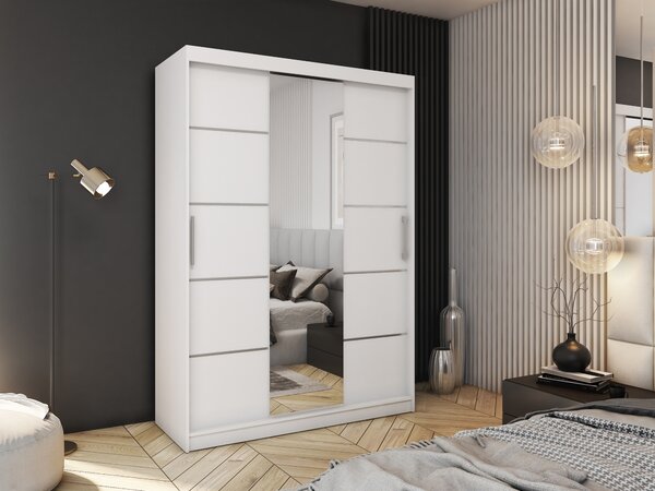 NEJBY Šatníková skriňa REBECA 150 so zrkadlom, 4 šuplíky a 2 šatníkovými tyčami, biely mat