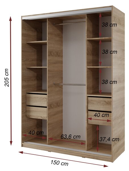 Šatníková skriňa NEJBY BARNABA 150 cm s posuvnými dverami, zrkadlom, 4 šuplíky, 2 šatníkovými tyčami, dub sonoma