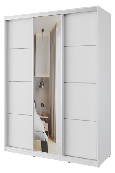 Šatníková skriňa NEJBY BARNABA 150 cm s posuvnými dverami, zrkadlom, 4 šuplíky a 2 šatníkovými tyčami, biela