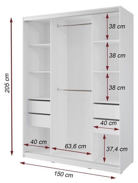 Šatníková skriňa NEJBY BARNABA 150 cm s posuvnými dverami, zrkadlom, 4 šuplíky a 2 šatníkovými tyčami, biela