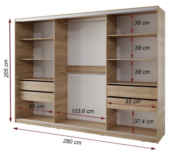 Šatníková skriňa NEJBY BARNABA 280 cm s posuvnými dverami, zrkadlom, 4 šuplíky, 2 šatníkovými tyčami, dub sonoma