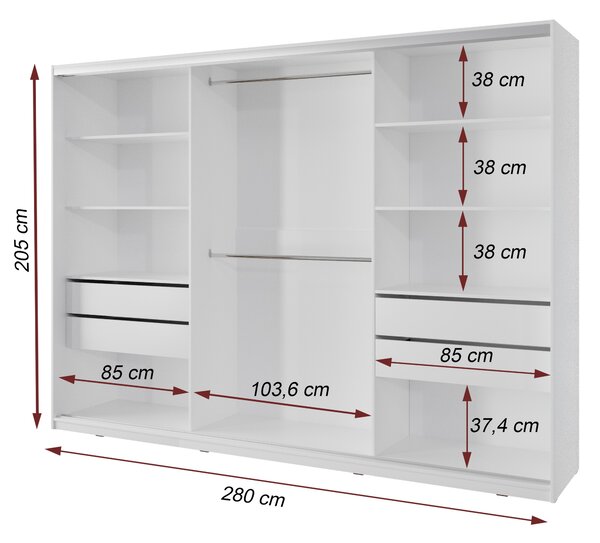 Šatníková skriňa NEJBY BARNABA 280 cm s posuvnými dverami, zrkadlom, 4 šuplíky a 2 šatníkovými tyčami, biela