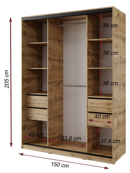 Šatníková skriňa NEJBY BARNABA 150 cm s posuvnými dverami, zrkadlom, 4 šuplíky a 2 šatníkovými tyčami, dub wotan